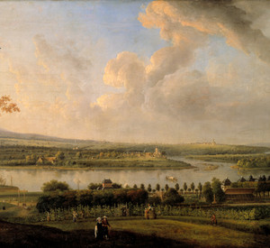 Caspar Schneider malte seinen Blick auf die Favorite und die Mainmündung 1785. © GDKE Rheinland-Pfalz – Landesmuseum Mainz (Foto: Ursula Rudischer)