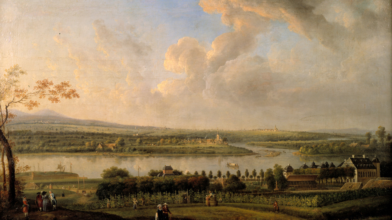 Caspar Schneider malte seinen Blick auf die Favorite und die Mainmündung 1785. © GDKE Rheinland-Pfalz – Landesmuseum Mainz (Foto: Ursula Rudischer)