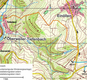 Windpark mit Verlauf des Kabelgrabens © Kartengrundlage LVERMGEO