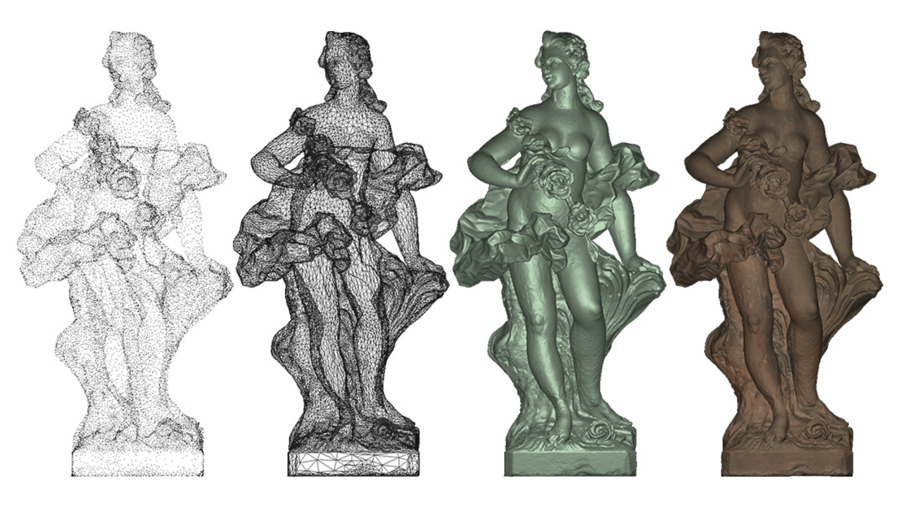 Punktwolke, trianguliertes Netz, geometrisches Modell, 3D-Modell mit Texturierung © N. Underwood, GDKE, Landesdenkmalpflege
