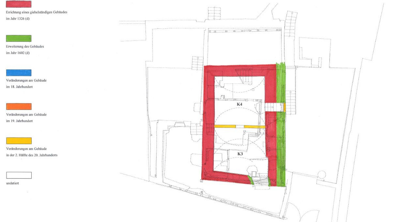 Bauphasenplan, Grundriss Kellergeschoss © Historische Bauforschung Frank & Mielke GbR, Mainz 