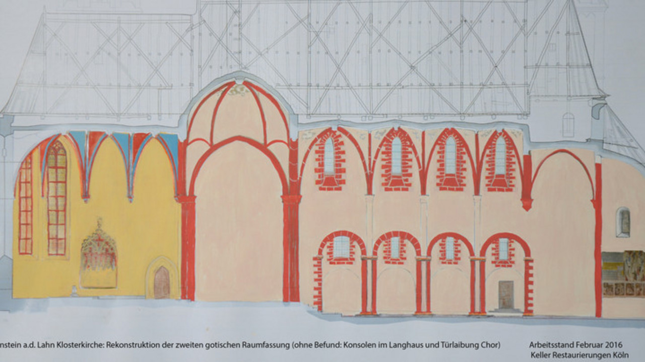 Sensationelles mittelalterliches Farbkonzept in der Klosterkirche Sta. Maria und St. Nikolaus Arnstein © GDKE, Landesdenkmalpflege 