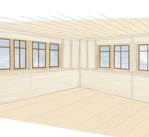 Bohlenstube, Rekonstruktionszeichnung mit holzsichtigem Zustand © Marzena Kessler / Karen Keller