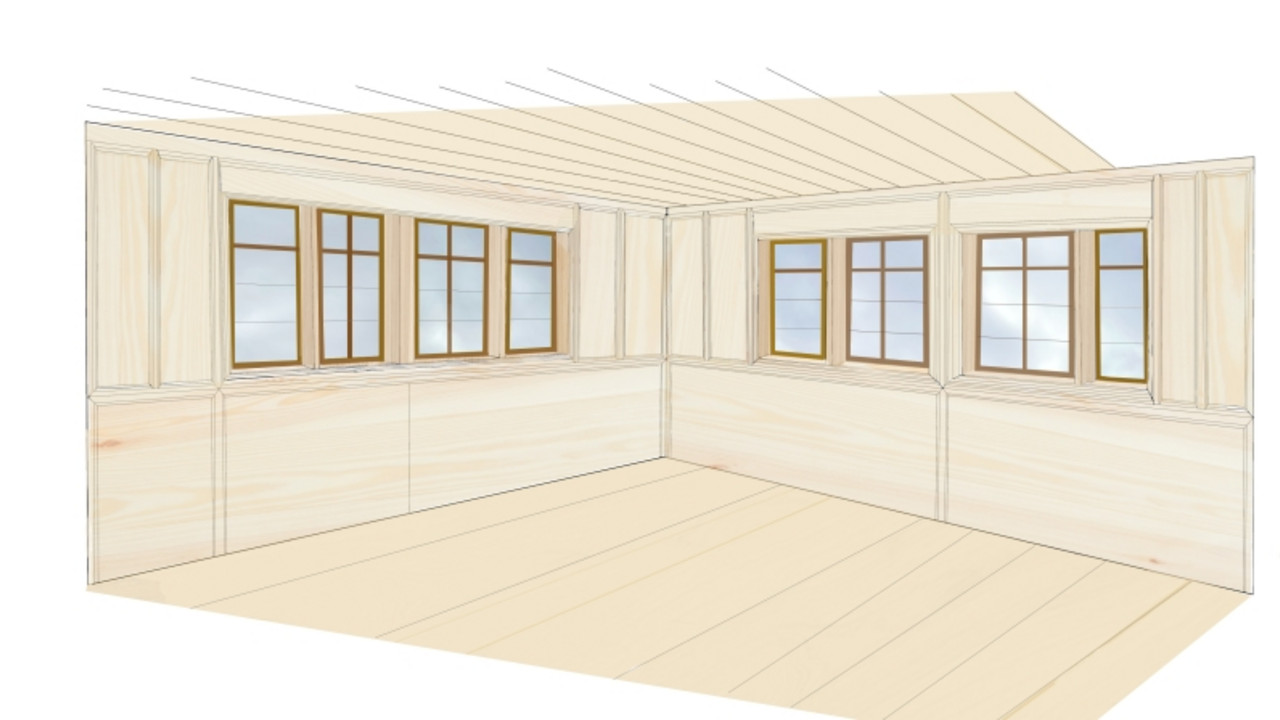 Bohlenstube, Rekonstruktionszeichnung mit holzsichtigem Zustand © Marzena Kessler / Karen Keller